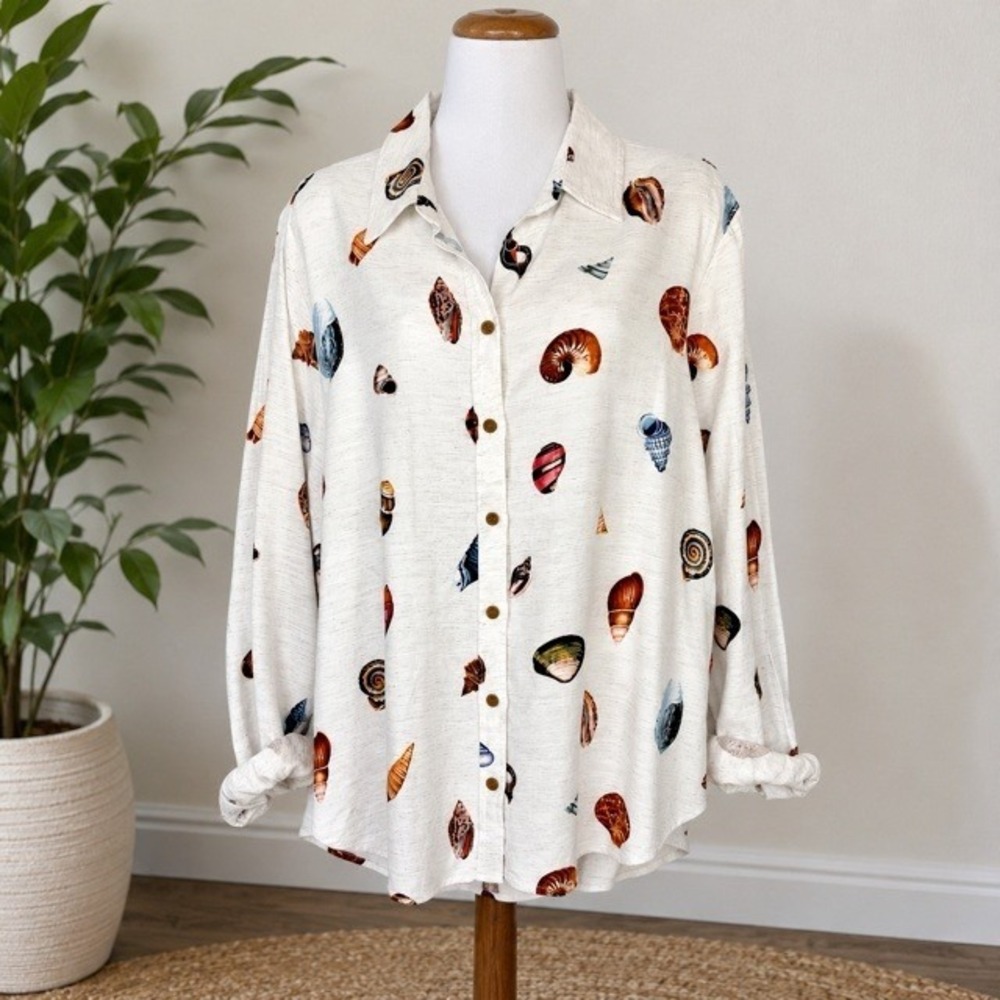 Jane‎ + Delancey XL Seashell Print Rayon Linen Button Shirt Coastal Blouse